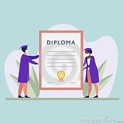 Flat illustration masked graduates with diploma Vector Illustration